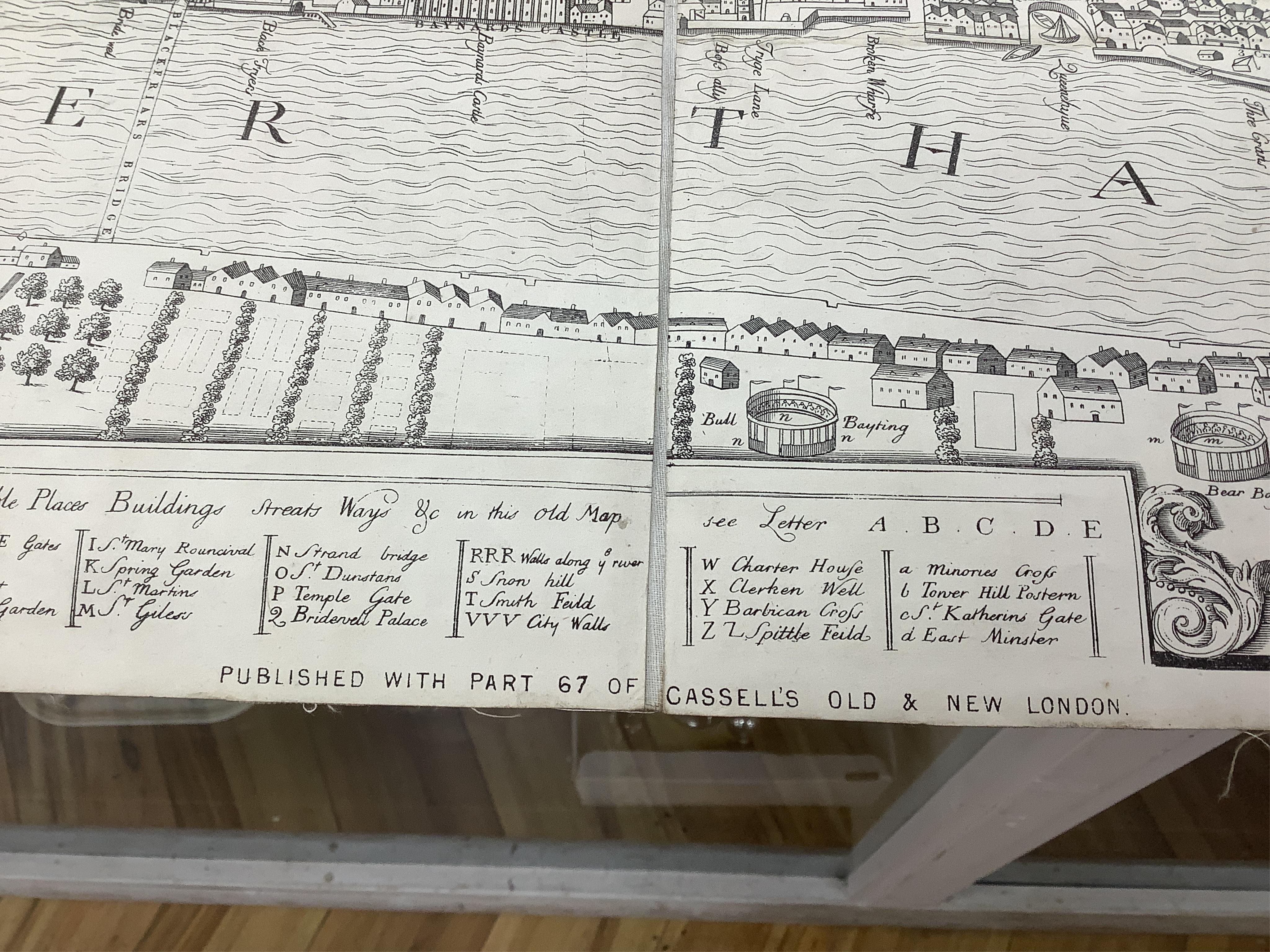Three maps comprising: After John Senex, A New Map of London, 1720, published by Cassell, Petter & Galpin, linen backed folding map, with slipcase, London in the Reign of Queen Elizabeth, published by Cassell, linen back